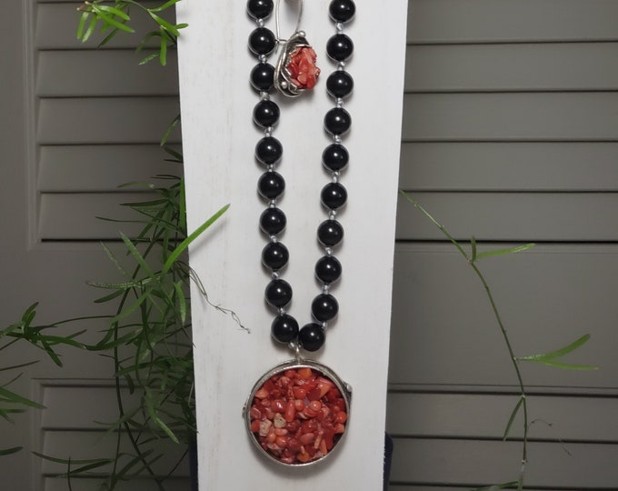 Hand Knotted with Silk 10mm Black Onxy bead necklace with Red Coral polished Chips in Pendant and Earrings All Metal Antique Silver 22"
