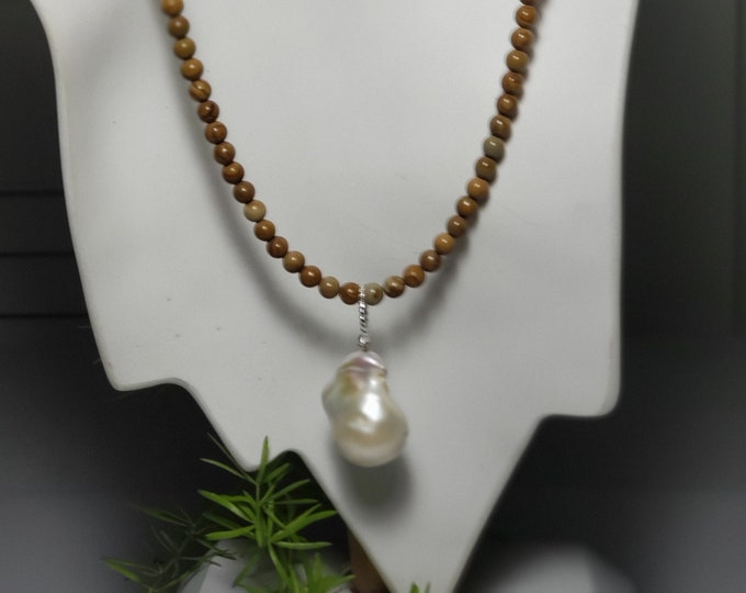 Jasper Baroque Pearl 4mm Bead Necklace 18 inches in Length with 14 inches of Round Beads SS Flat Link chain 4 inches