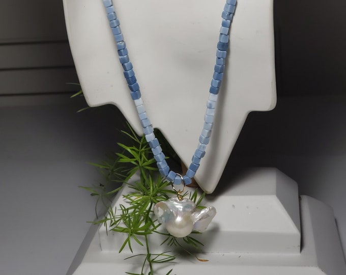 Blue Opal AAA 4-6mm Box Bead Baroque Fireball Pearl Necklace, 16 Inches Beads, 7 Inches GF Chain, 23 Inches full Length