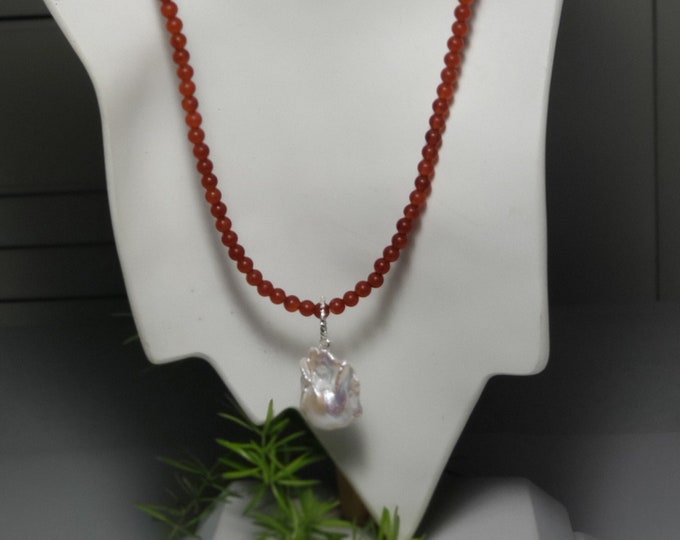 Agate Red Matte 4mm Bead & Baroque Pearl Necklace, 14 Inches Beads, 5 Inches SS Link chain, 19 Inches full Length