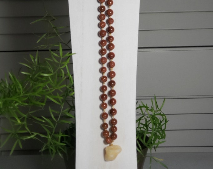 Silk Hand Knotted Gold Sandstone 8mm Rd. Bead Necklace with rough Citrine Stone Pendant 21" full lenght