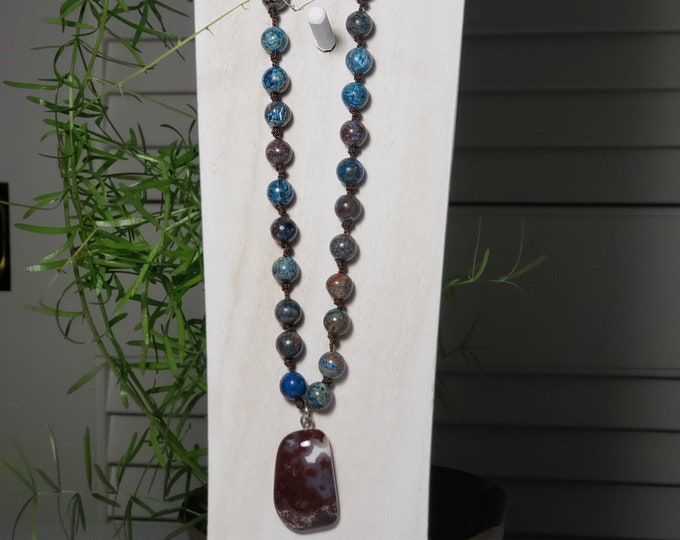 Blue Calsilicia Jasper 8mm Hand Knotted Silk Bead Necklace Purple Agate Cabochon Pendant