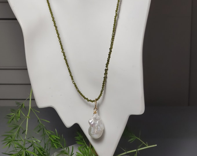 Peridot Tiny 2mm Gemstone Necklace with Baroque Pearl Pendant with 14K Gold Fill Double Rope Chain Aug. Birthday