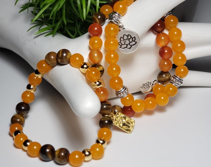 Fire Agate, Orange Carnelian, Tiger Eye 8mm 3 Stack Bead Bracelets with Gold and Silver Plate Bead Spacer Beads and Charms