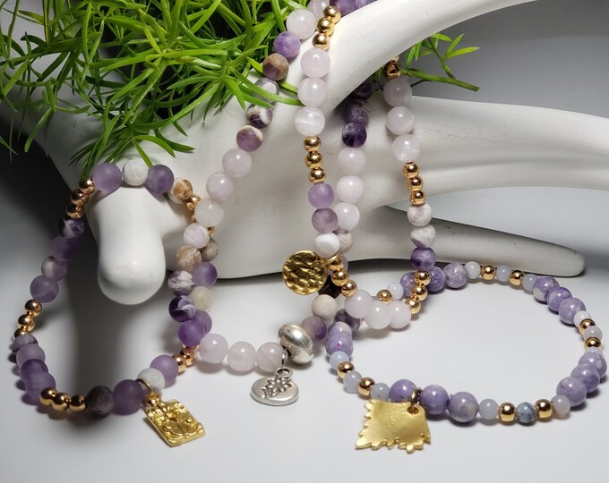 Amethyst Handcrafted 4 Elastic 6mm Matte, 6mm Pink Opal, Jasper and 6mm Blue Chalcedony Stack Bead Bracelets with GP and SP Bead Spacers