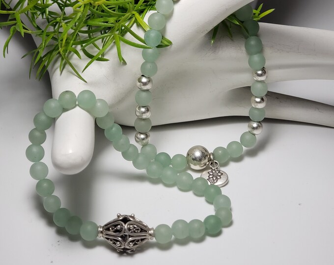 Aventine Handcrafted Elastic 2 Stack 7mm Matte Green Bead Bracelets with Sterling Silver Connector Bead and round SP Spacer Beads