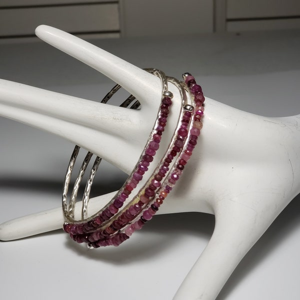 Ruby 3mm Bead Multi-color8 1/2 Oval 3 Stack Bangle Bracelets Faceted July Birthstone Strung on Silver Plated