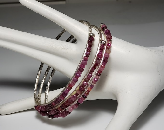 Ruby 3mm Bead Multi-color8 1/2 Oval 3 Stack Bangle Bracelets Faceted July Birthstone Strung on Silver Plated