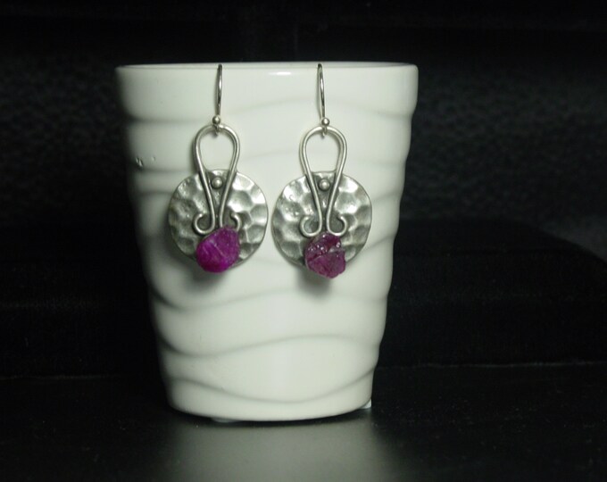 Ruby Crystal Earrings July Birthstone Raw Nuggets Cubes Decorative Antique Silver Plated Setting