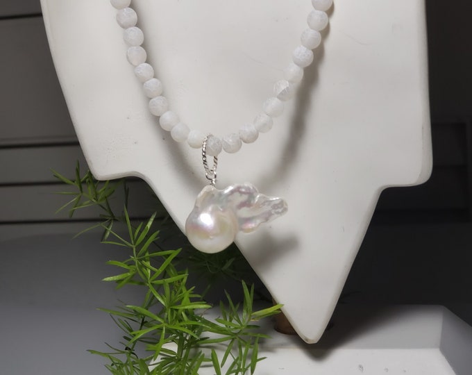 Agate White 6mm Bead & Baroque Fireball Pearl Necklaces, 20 Inches total Length, 5 Inches SS Link Chain