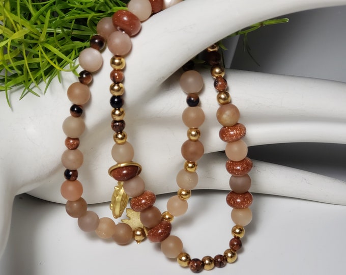 Sunstone Matte  Gemstones 2 Stack Bracelets with GP Spacer Bead Gemstone Leaf, Ladybug Charms