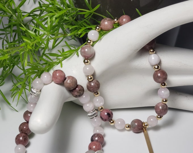 Opal Handcrafted 2 Elastic Bead Bracelets, Pink 6mm Opal and 8mm Morganite with Gold and Silver Plate spacers and charms