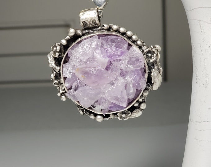 Amethyst Crystal Pendant Feb Birthstone Light Color Rough Crystals on Antique Silver, SP Chain 22 Inches Full Length