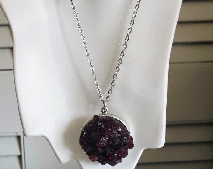 Garnet Crystal Chip Pendant Jan. Birthstone Red 30mm Round Antique Silver Plated with Chain