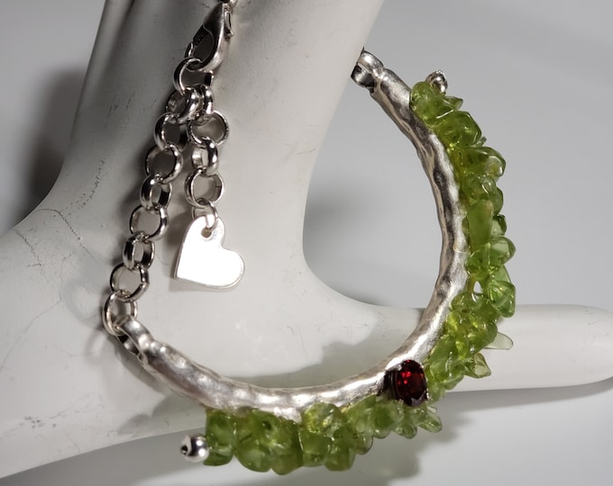 Olivine Green Crystal   Bracelet with Faceted 9mm x 7mm Red Garnet on Silver Plate Component & Chain with Heart Charm