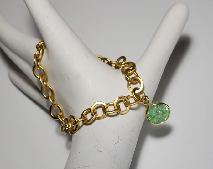 Emerald Natural Gemstone Bracelet, 11 mm in 14K setting, 2.5 CT, May Birthstone Matte Gold Plated 9mm Link Chain