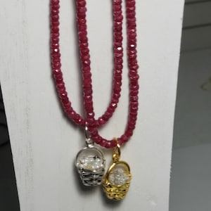 Gemstone Basket Charm with Tiny Pearls in Silver P and Diamond Bits in Gold P, Natural Red Ruby Bead Necklaces, Chains SF and Gold Fill