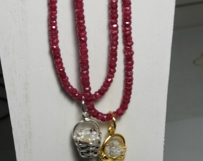 Gemstone Basket Charm with Tiny Pearls in Silver P and Diamond Bits in Gold P, Natural Red Ruby Bead Necklaces, Chains SF and Gold Fill