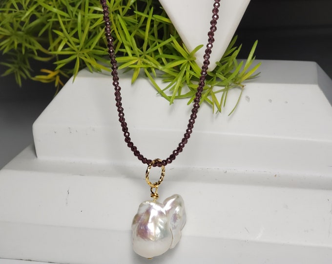Garnet Rhodolite  Faceted Tiny  2mm Bead Gemstone Necklace Fireball Baroque Pearl Pendant Jan Birthstone  with 14K Gf  Chain