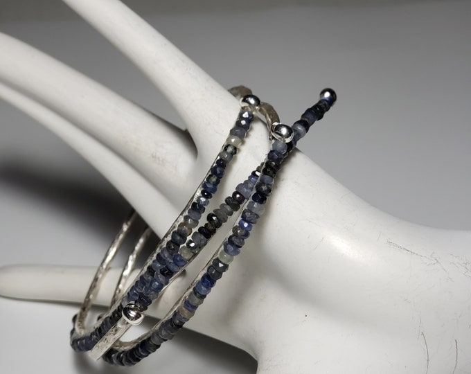 Sapphire Multicolor 3mm Faceted 8 1/2 Inch 3 Oval Stack Bead Bracelet September Birthstone on Silver Plated Bangle