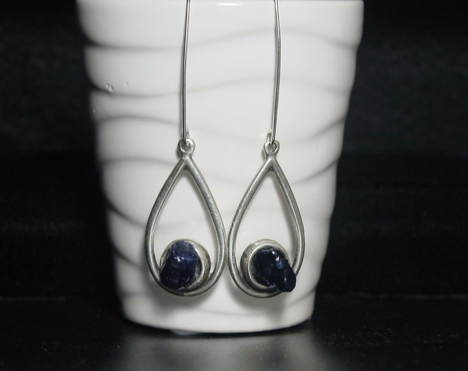 Sapphire Blue Crystal Natural Nugget Earrings September Birthstone Sterling Silver Hoop Ear Wire