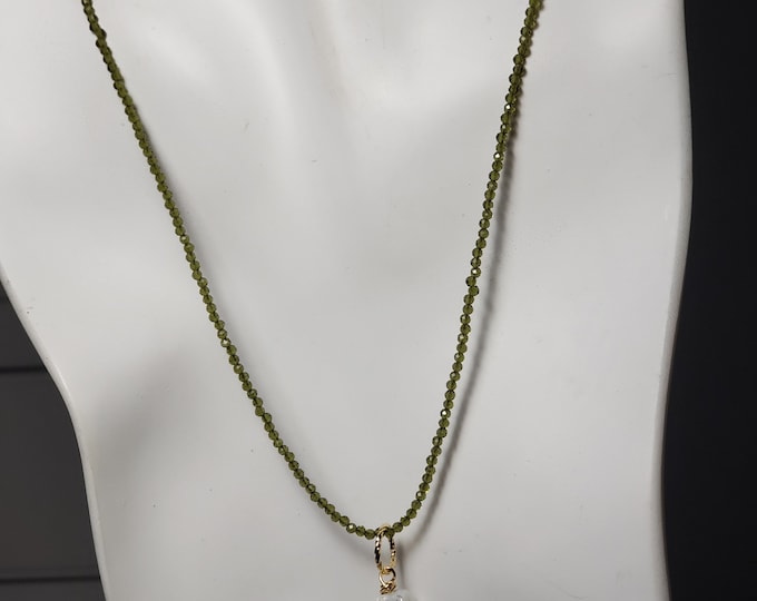 Tiny Precious 2mm Peridot Gemstone Bead Necklace, Baroque Peal Pendant 14K Gold Double Rope Link Adjustable Chain