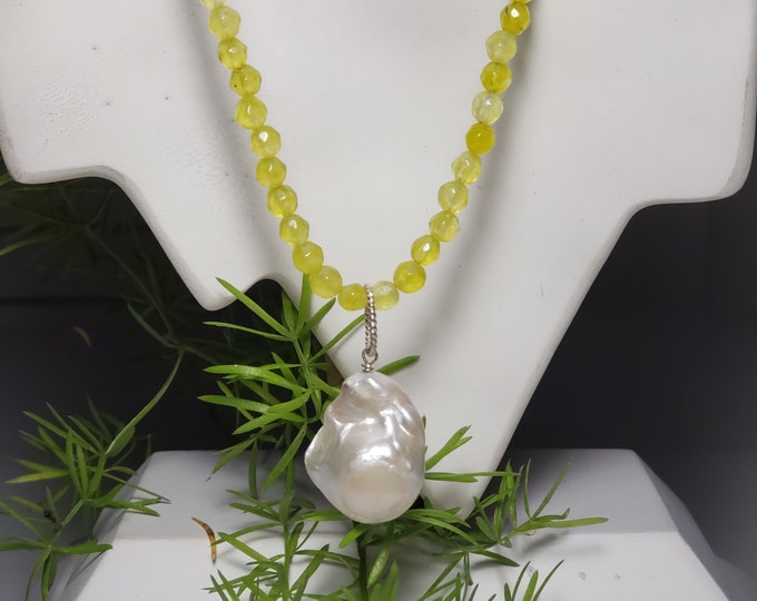 Labradorite  Faceted   4mm Rd. Bead & Baroque Pearl Necklace  22" with Silver Fill Chain and 14" of Beads