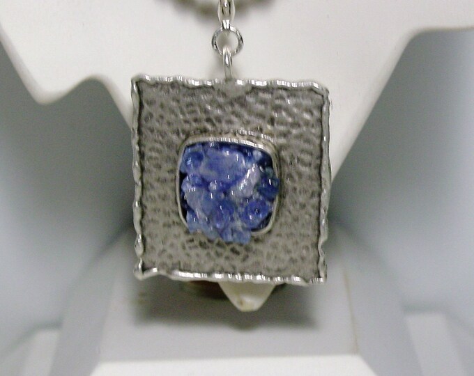 Tanzanite Natural Gemstone Chips in Pendant  on Square Silver Plate Setting with Free SP 22 inch Adjustable Chain