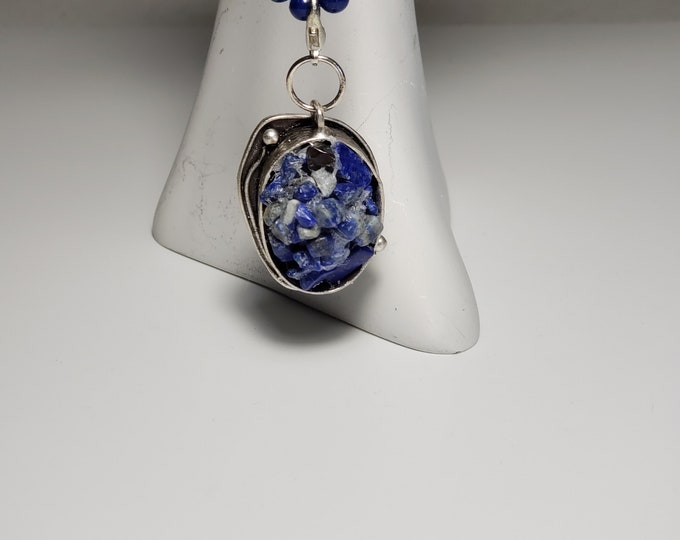 Blue Lapis   Crystal Pendant Antique Silver Plated Free Adjustable Silver Plated Chain 22" Full Length