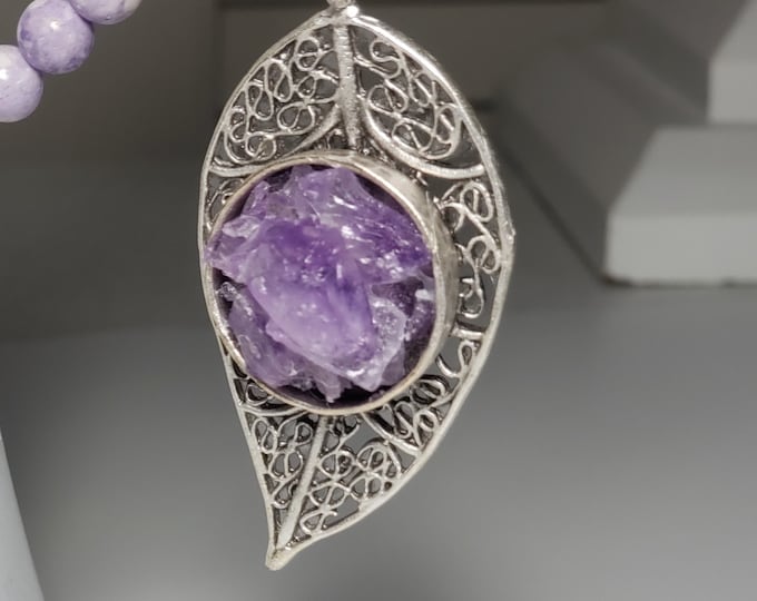 Amethyst Feb Birthstone Crystal Pendant in Leaf Blank with 20mm Crystal Silver Plate Free Adjustable  Chain 22" Full Length