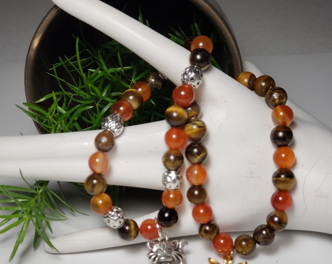 Fire Agate and Tiger Eye 2 Stack Bead Bracelets with Gold and Silver Plate Bead Connector Beads