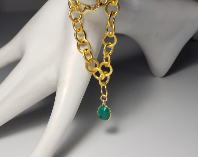 Corundum Green Gemstone, 8mm x 10mm Natural in 14K setting, Matte GP 9 mm Link Chain