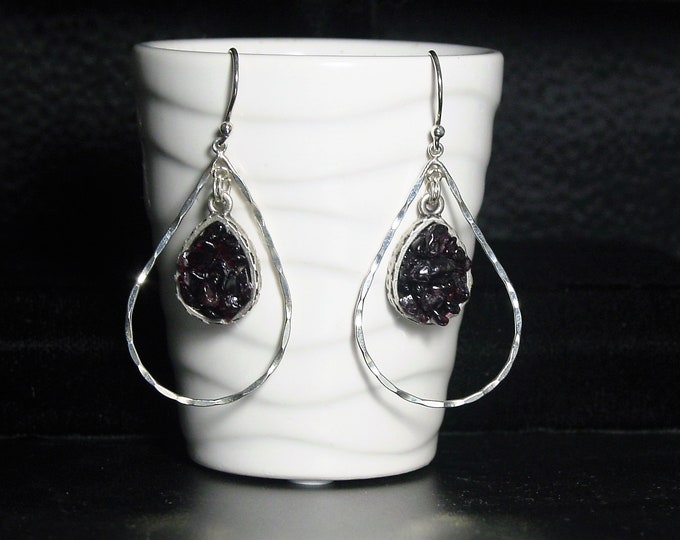 Garnet Red Crystal Earrings Polished Chip Jan. Birthstone Sterling Silver Teardrop on Antique Silver Plate Decorative Back Setting