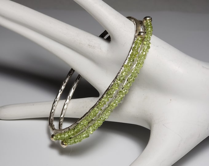 Peridot Natural 3mm Bead 8 1/2 Inch Stack Bangle Bracelets Muti-color, August Birthstone Faceted Strung on Silver Plated Bangle