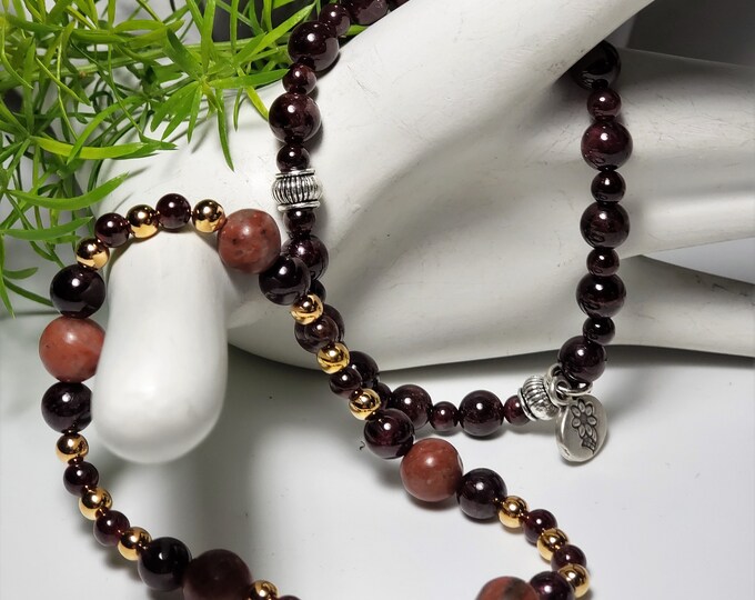 Garnet and Morganite Gemstone Elastic 2 Stack Bead Bracelets with 8mm and 6mm beads with GF 4mm spacers and SP both have Charms