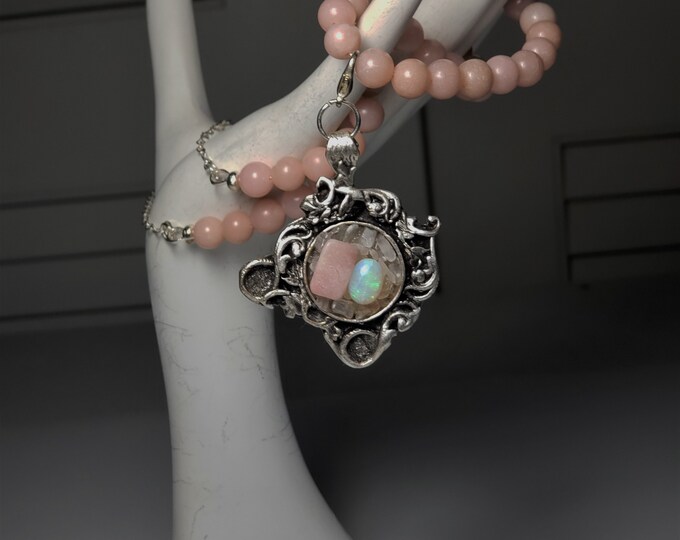 Natural Opal Pendant with Pink and Natural Precious Opal 10mmx 6mm Cabochon Free Adjustable SP Chain Full Length 22"