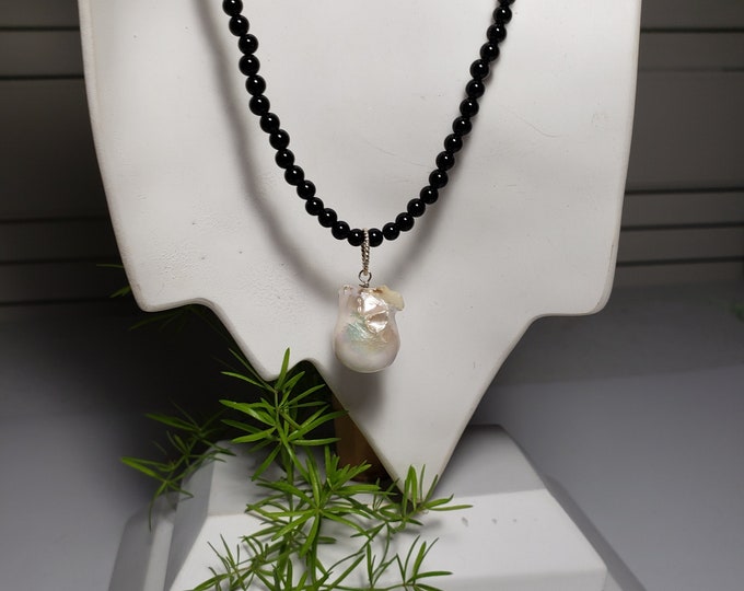Black Agate 4mm Bead & Baroque Pearl Necklace with 4 Inch SS Link Chain full Length 19 Inches
