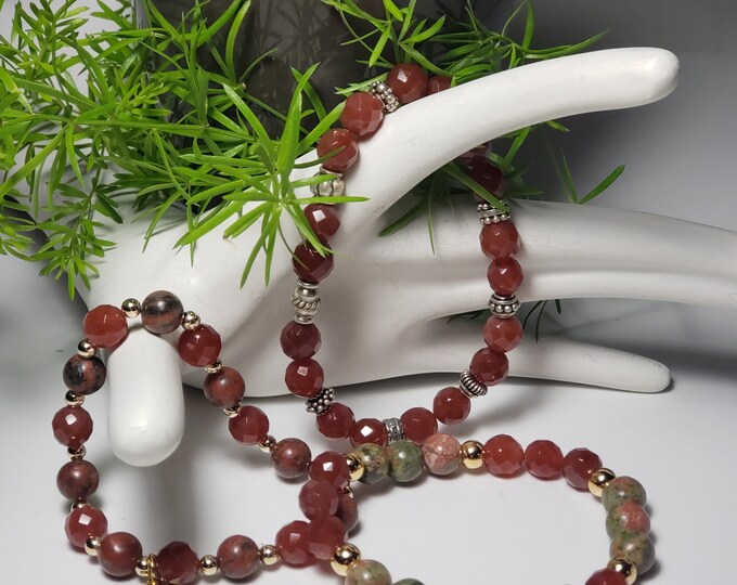 Red Onyx Handcrafted One-of-a-Kind 3 Elastic Stack Gemstone Bracelets 8mm  Onyx Agates SS Spacers, 2 with 8mm Unakite & Agate Beads with GP