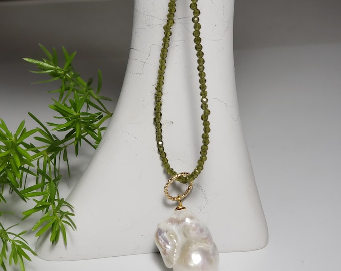 Peridot Gemstone 2mm Tiny Necklace with Fireball Baroque Pearl Pendant August Birthstone, 14K Gold Fill Link Chain Adjustable