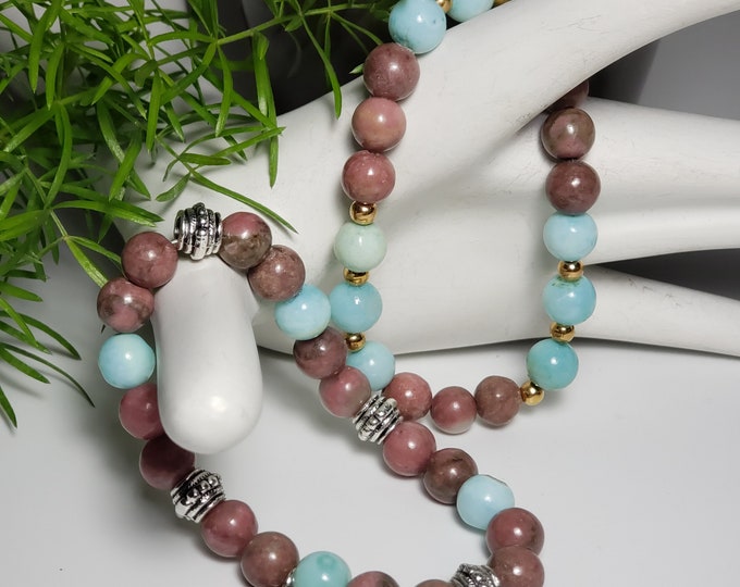 Morganite Natural Pink 8mm, Blue Opal Bead 8mm 2 Stack Bracelets with Gold and Silver Plate Bead Spacer Beads