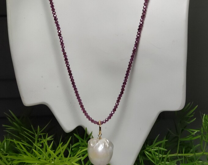 Amethyst Tiny 2mm Bead Necklaces with Baroque Pearl Pendant Feb Birthstone 14 inches of beads, 14K GF, Chains