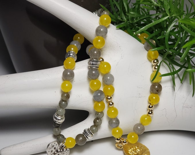 Rare Topaz Yellow 6mm Beads with 6mm Labradorite Stack Bead Elastic Bracelets Handcrafted with Gold and Silver Plate Bead Connector Beads