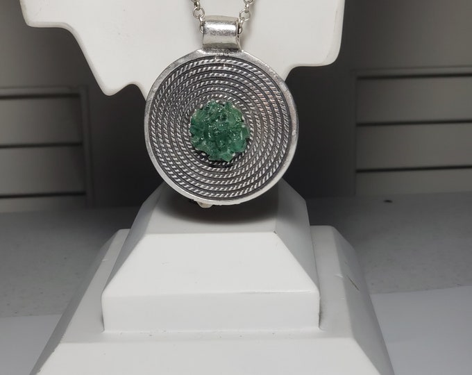 Emerald Crystal Chip Pendant with Dangle Earrings  May Birthstone Antique Silver Plate with Chain