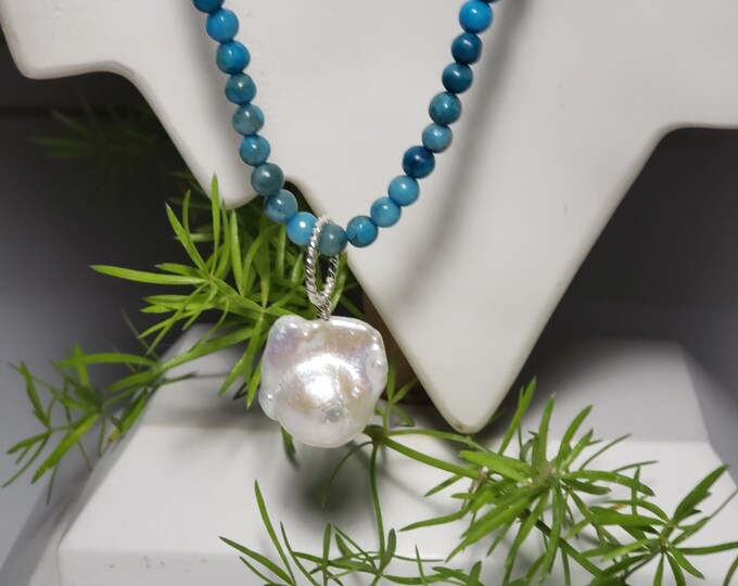 Turquoise Howlite Gemstone 4mm Bead & Baroque Pearl Necklace, 22 Inches Length, 16 Inches Beads, 6 Inches SS Link chain