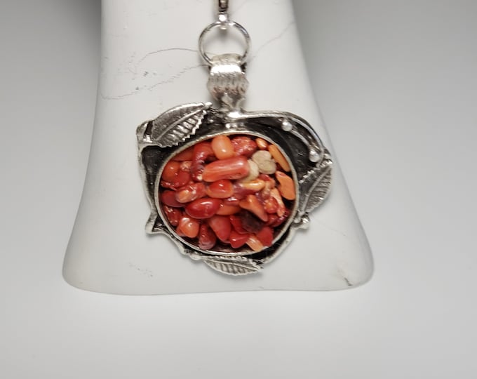 Red Coral Gemstone Crystal Pendant with Mini Nuggets on Silver Plated Free Adjustable SP Chain