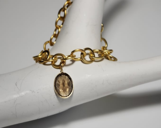 Quartz Smoky Natural Gemstone Bracelet, 11mmx14mm, 5.5 CT, 14K GF Setting, Matte GP 9mm Link Chain