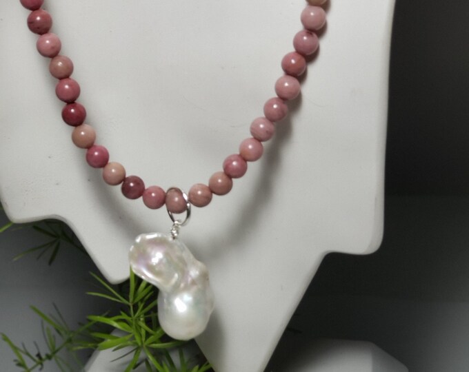 Rhodolite Garnet Pink 6mm Bead Baroque Fireball Pearl  Necklace, 14 Inches Beads, 6 Inches SS Link Chain, 20 Inches Length