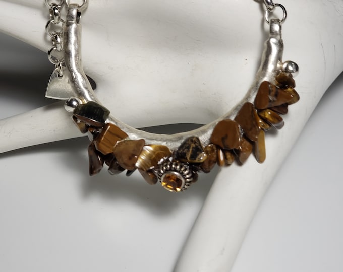 Tigers Eye Polished Natural Gemstone Chips Bracelet on Silver Plate Component & Chain with Faceted 5mm Citrine
