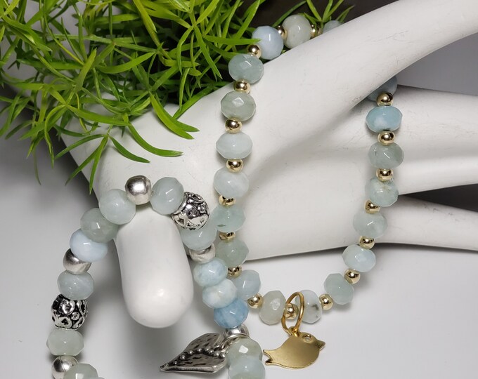 Aquamarine Handcrafted Elastic 4mm x 7mm Natural AAA  2 Stack Bead Bracelets with and Gold Fill and SP Bead Spacer Beads