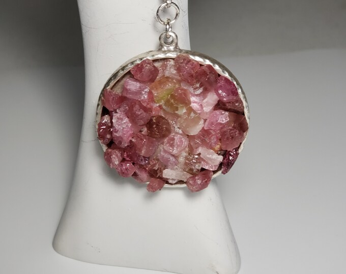 Tourmaline Natural Pink Gemstone Nuggets on Silver Plate  22 inch SP Adjustable Chain
